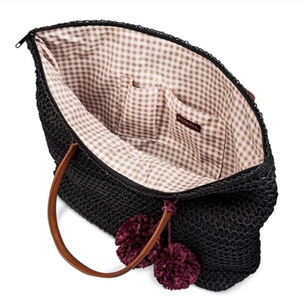 Black Straw Tote + PomPoms - Picture 3 of 5